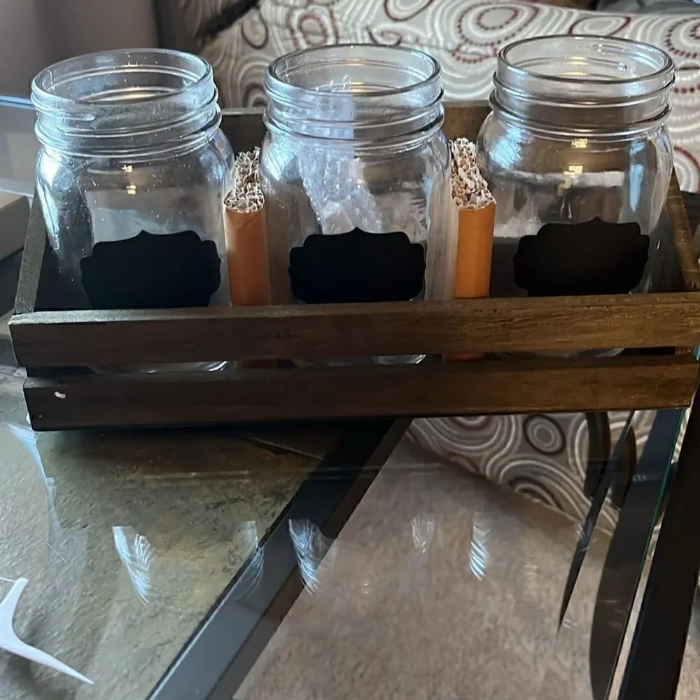 Chalkboard Set of Three Glass Jars With Wooden Tray
